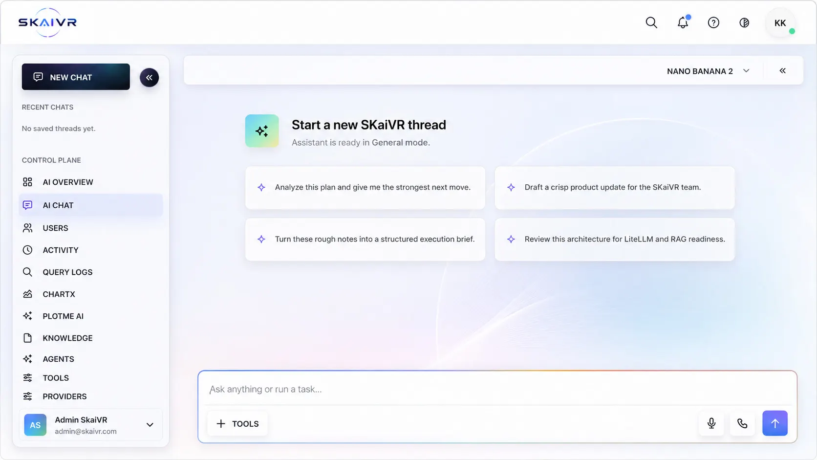 SkaiVR AI chat workspace with prompt cards and tool input